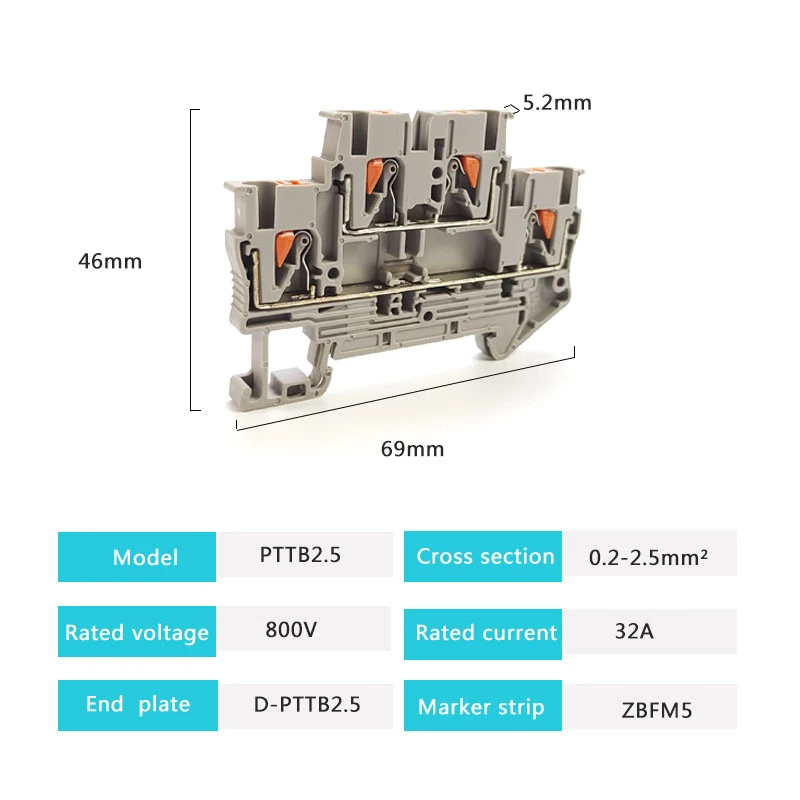 Pttb2.5 Spring in-Line Rail Type Double-Layer Terminal Block