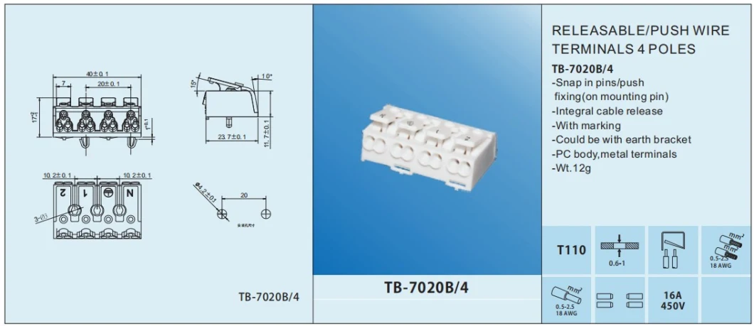 Tb-80 Top Hengda Releasable Push Wire Electrical Terminals 3 Poles LED Wire