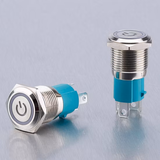 Large Current Type 16mm 10A Momentary 12V 24V Red Blue LED with Power Logo Illuminated Metal Switch IP67 Push Button